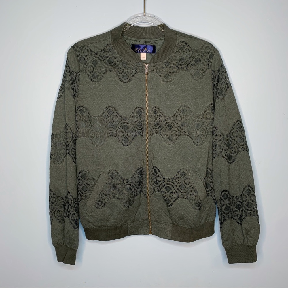 Blue Rain Green Lace Zip-up Bomber Jacket
